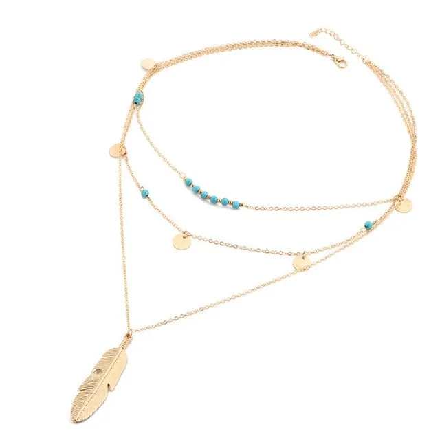17KM Gold Color Star Moon Necklace for Women Multi Layer Leaf Steampunk Chokers Bohemian Body Blue Stone Colar Feminino