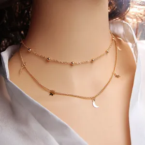 17KM Gold Color Star Moon Necklace for Women Multi Layer Leaf Steampunk Chokers Bohemian Body Blue Stone Colar Feminino