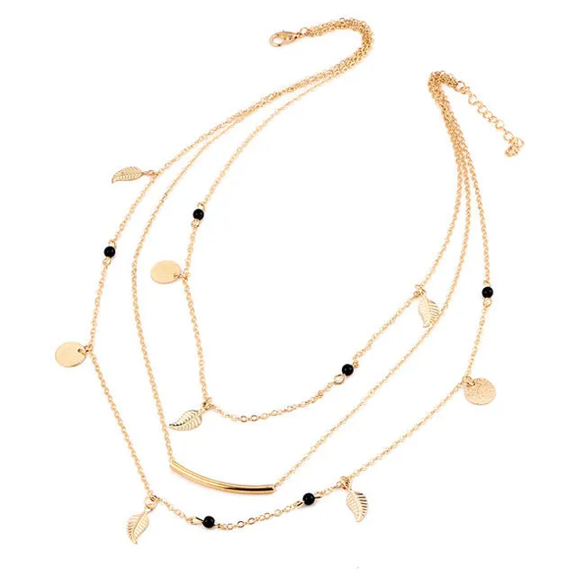 17KM Gold Color Star Moon Necklace for Women Multi Layer Leaf Steampunk Chokers Bohemian Body Blue Stone Colar Feminino