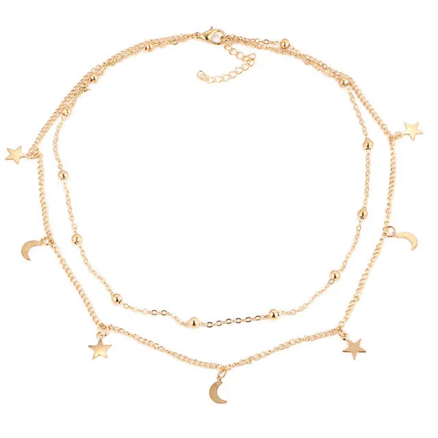 17KM Gold Color Star Moon Necklace for Women Multi Layer Leaf Steampunk Chokers Bohemian Body Blue Stone Colar Feminino