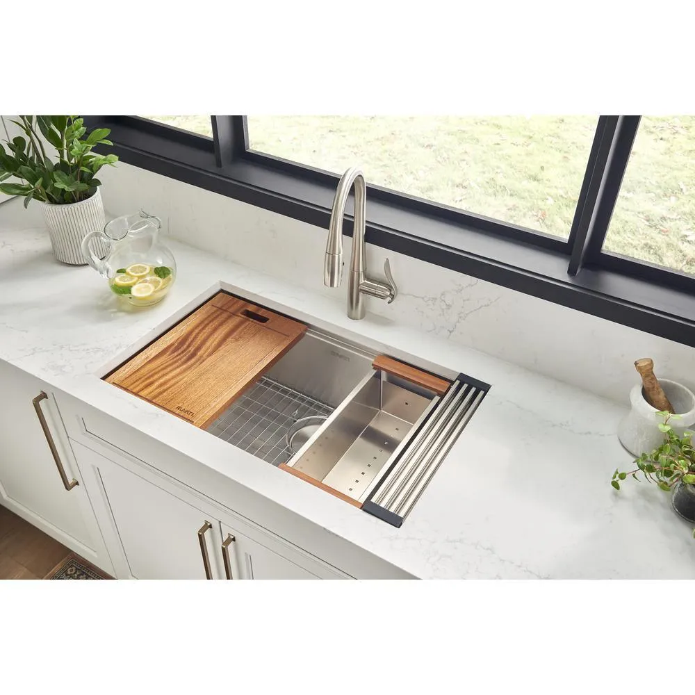 33 in. Workstation Ledge 60/40 Double Bowl Undermount 16-Gauge Stainless Steel Kitchen Sink