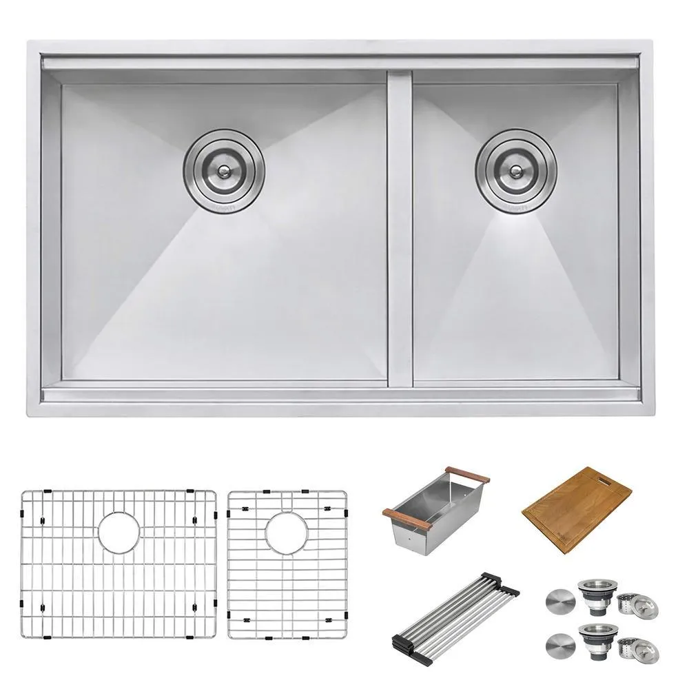 33 in. Workstation Ledge 60/40 Double Bowl Undermount 16-Gauge Stainless Steel Kitchen Sink