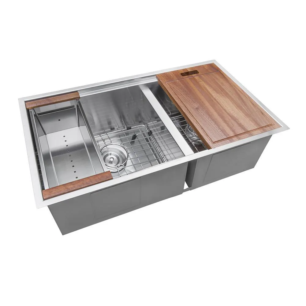 33 in. Workstation Ledge 60/40 Double Bowl Undermount 16-Gauge Stainless Steel Kitchen Sink