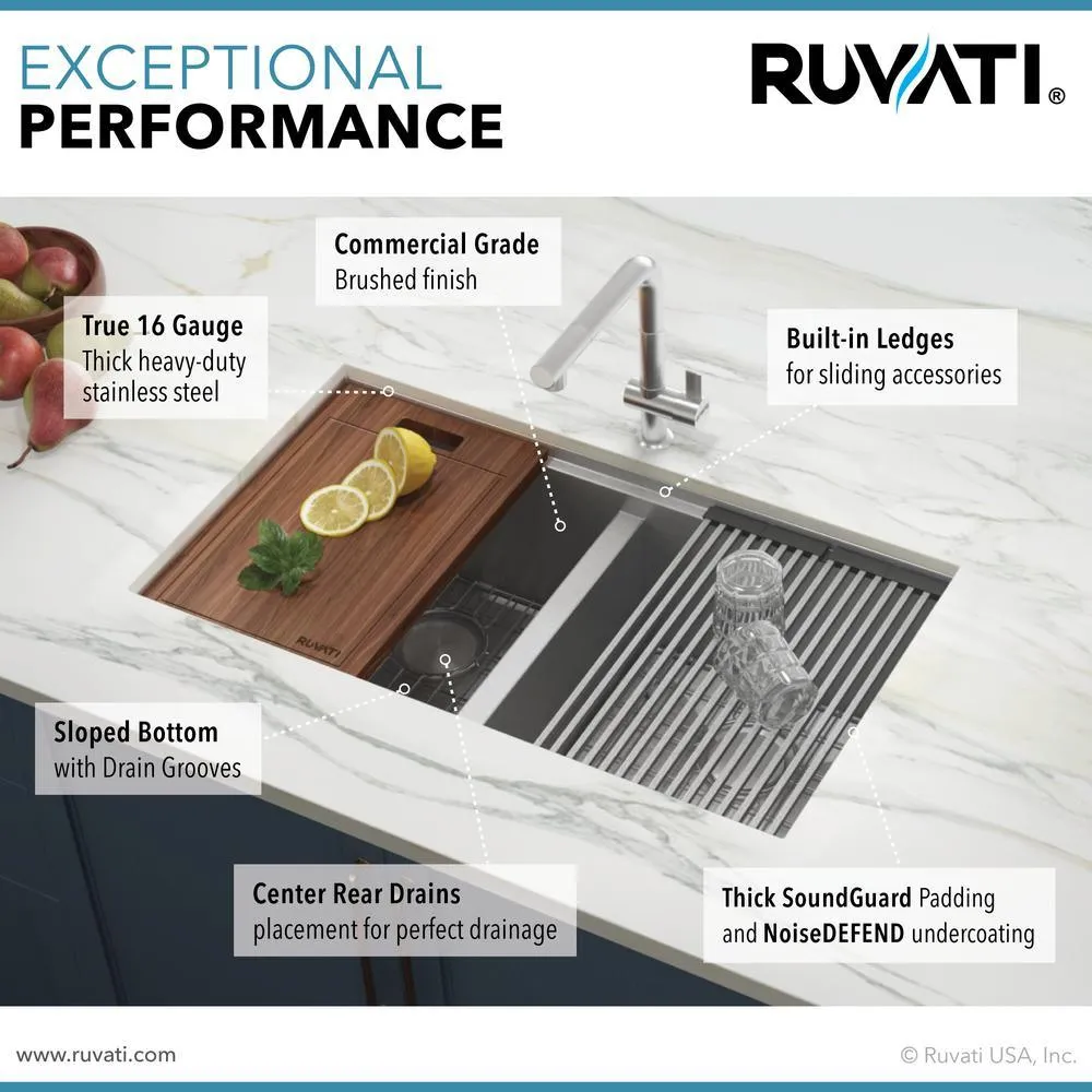 33 in. Workstation Ledge 60/40 Double Bowl Undermount 16-Gauge Stainless Steel Kitchen Sink