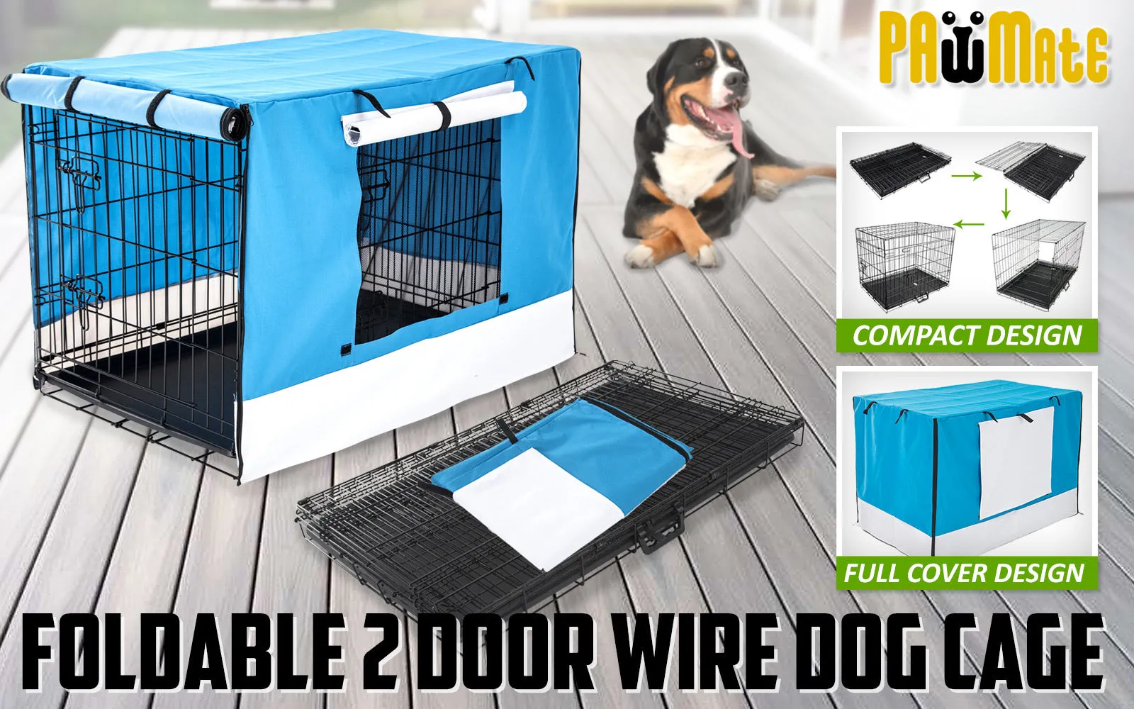 42in Folding Wire Dog Crate with Tray & Cover, Paw Mate