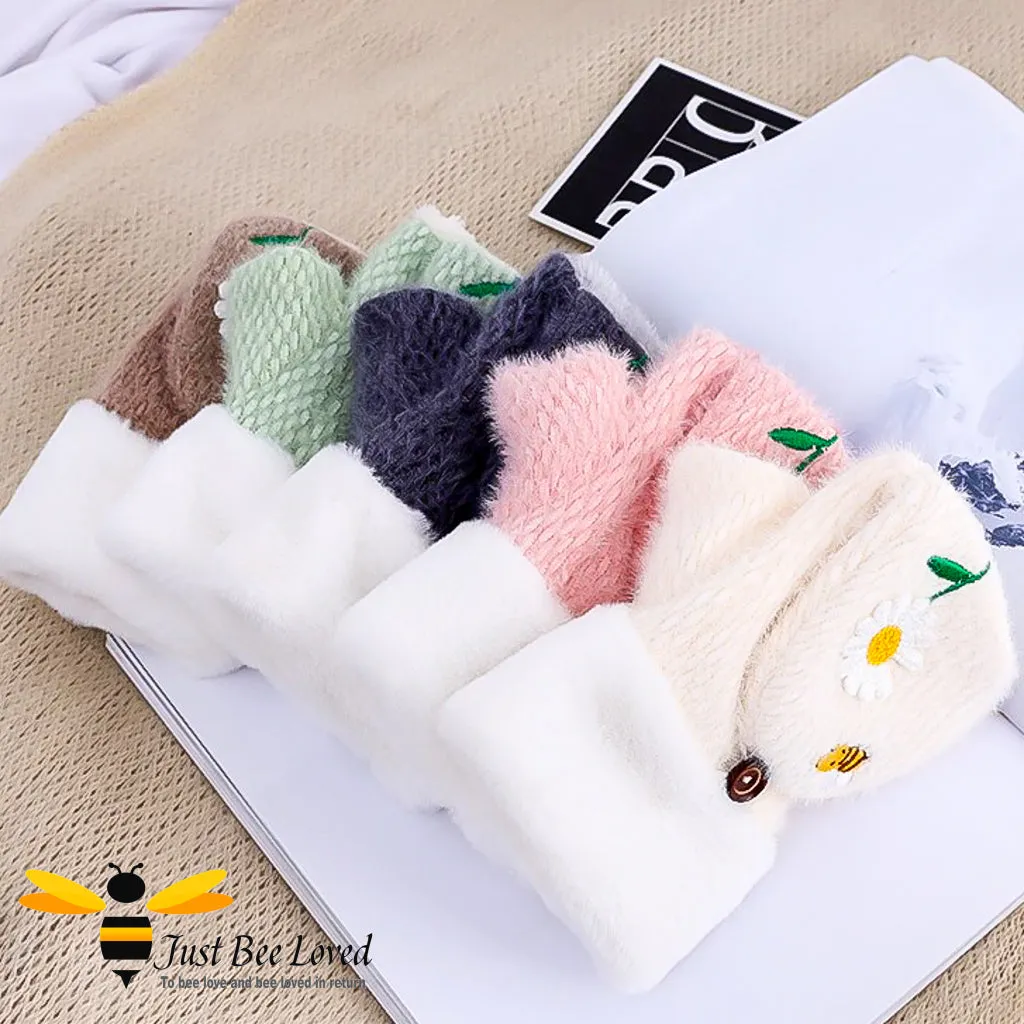 Bee & Daisy Embroidered Fingerless Convertible Mitten Gloves - 5 Colours