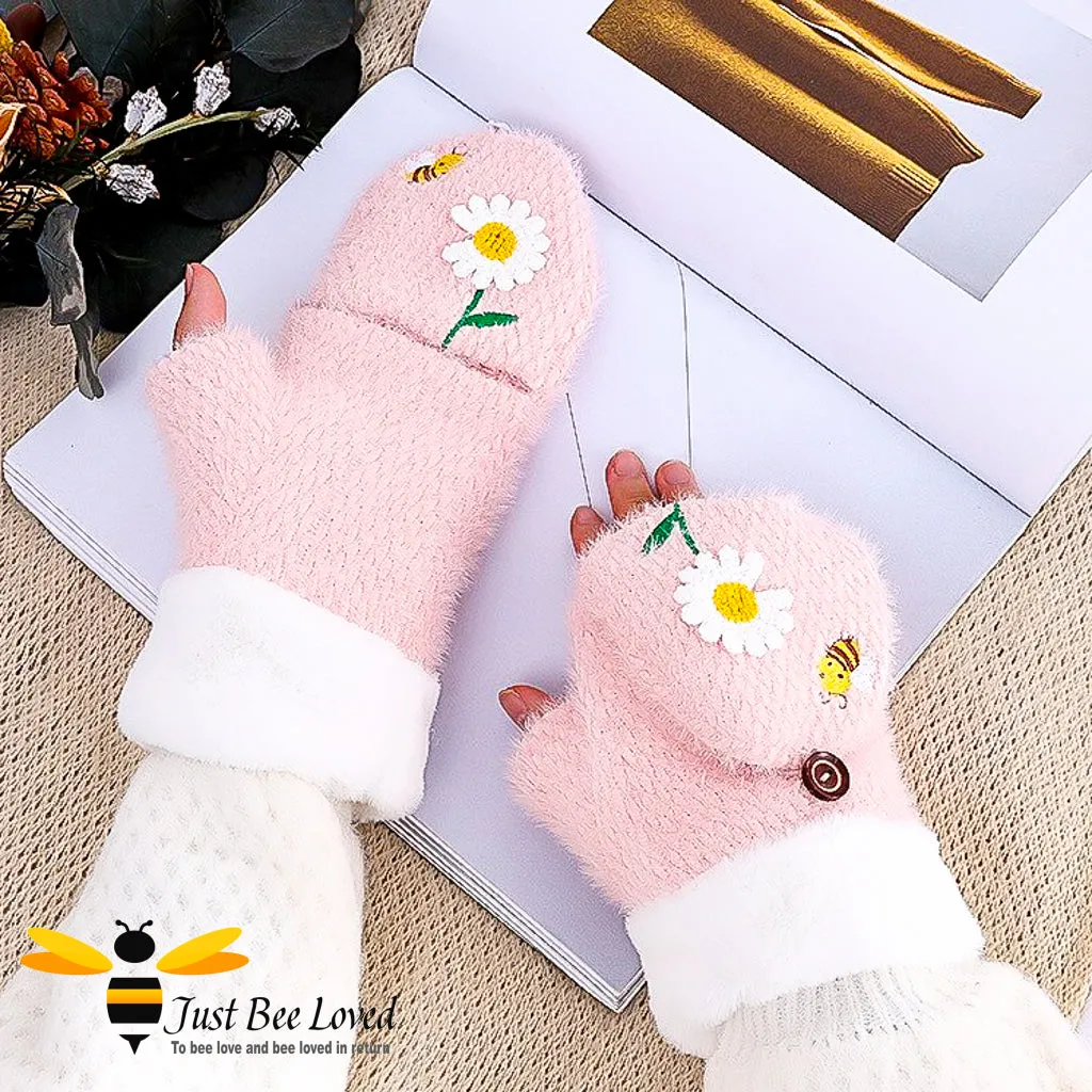 Bee & Daisy Embroidered Fingerless Convertible Mitten Gloves - 5 Colours