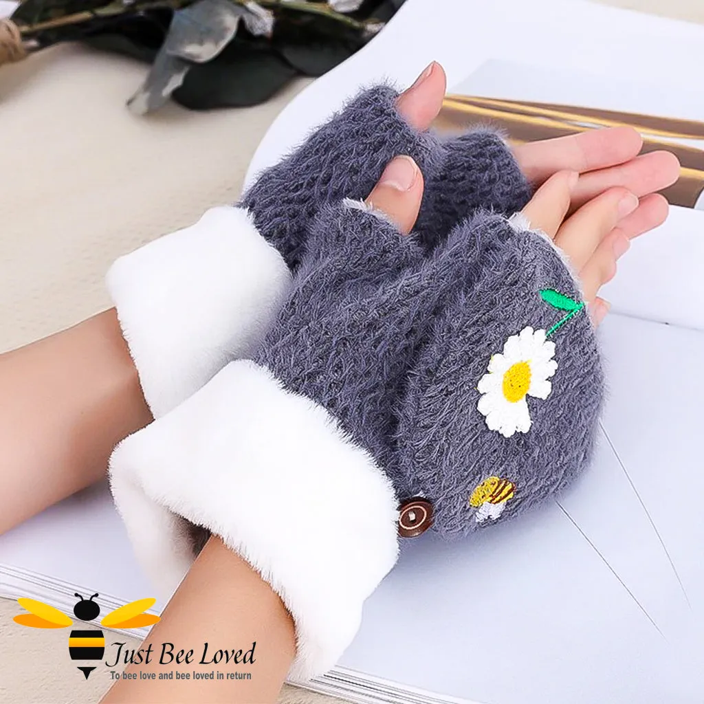 Bee & Daisy Embroidered Fingerless Convertible Mitten Gloves - 5 Colours