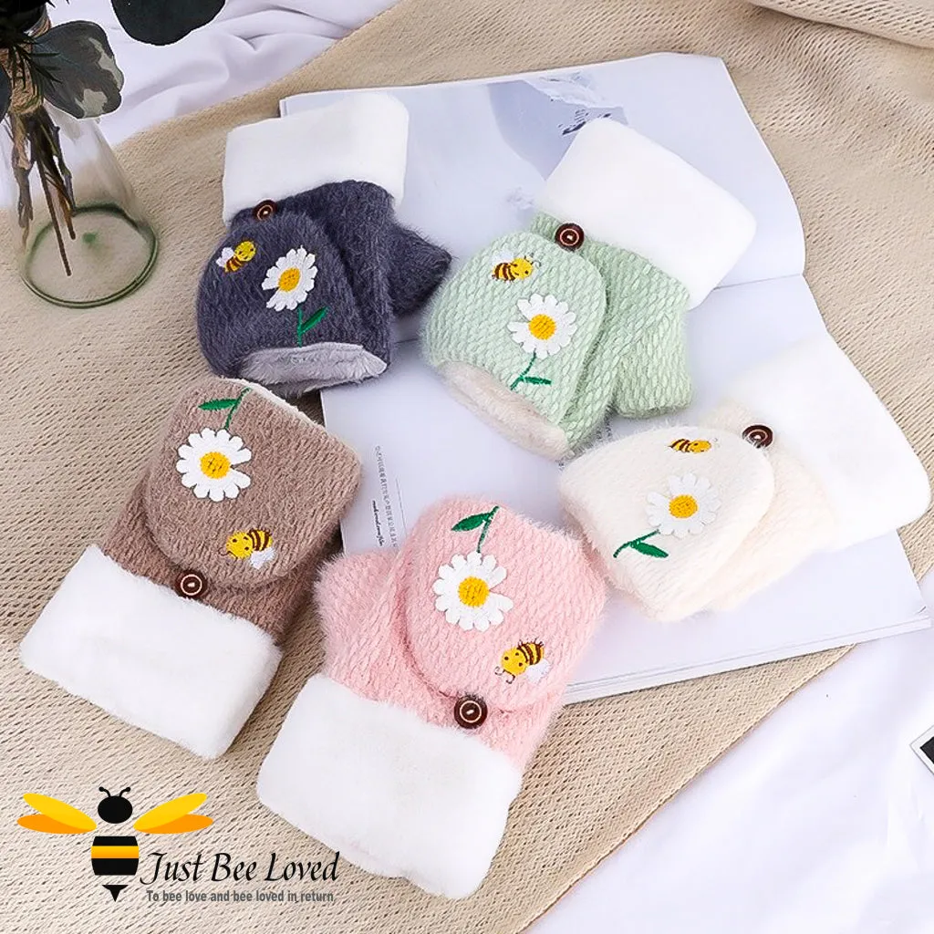 Bee & Daisy Embroidered Fingerless Convertible Mitten Gloves - 5 Colours