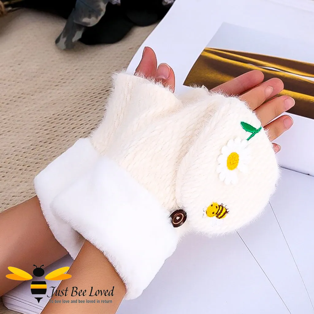 Bee & Daisy Embroidered Fingerless Convertible Mitten Gloves - 5 Colours