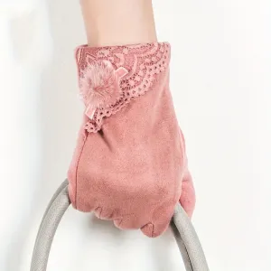 Luxurious Hairball Lace Decor Gloves - Warm, Windproof, Split Finger, Elegant Style, Solid Color, Thick, Autumn Winter Essential for Women