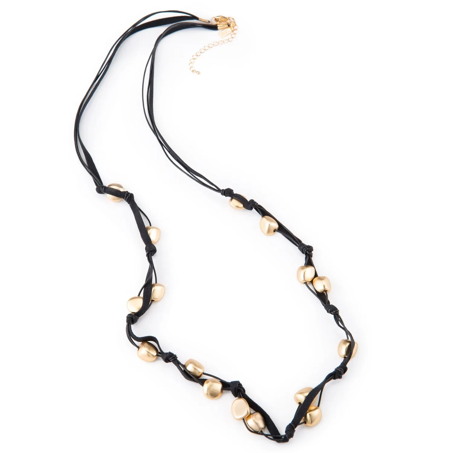 Matte Gold Bead Black Suede Long Layer Necklace