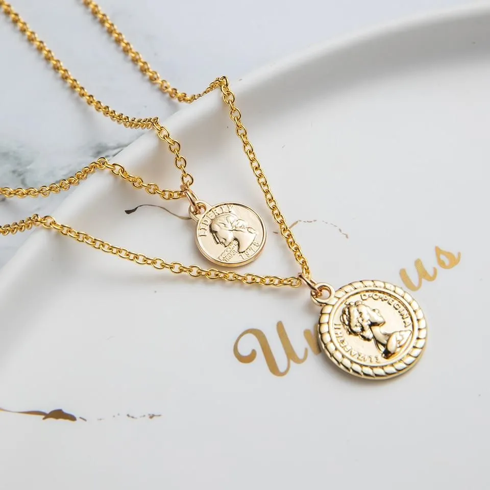 Multilayer Necklaces Charm Jewelry Heart Stars Round Coin Portrait Dollar N010980B