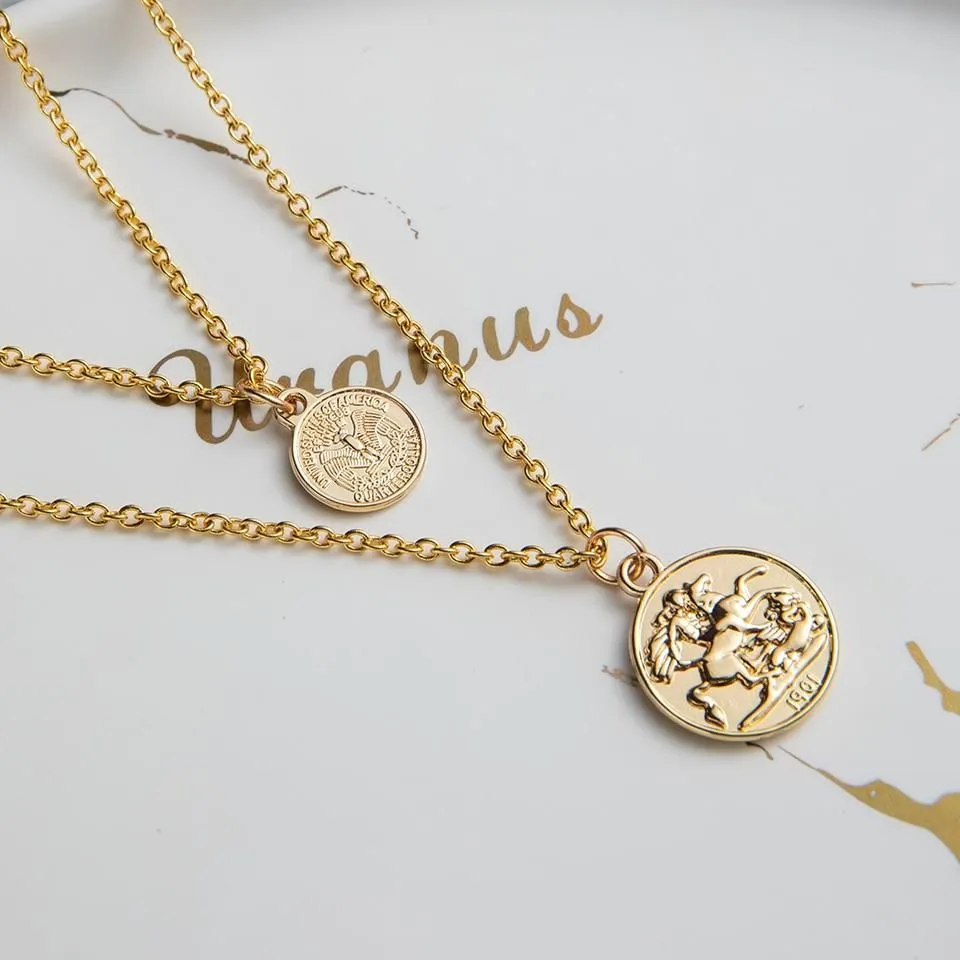 Multilayer Necklaces Charm Jewelry Heart Stars Round Coin Portrait Dollar N010980B