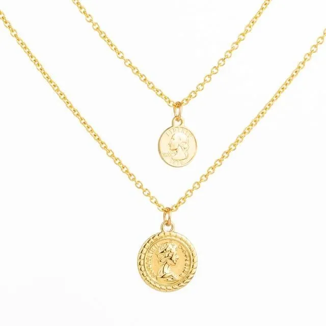 Multilayer Necklaces Charm Jewelry Heart Stars Round Coin Portrait Dollar N010980B