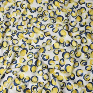 White Japanese Cotton Voile Fabric, Yellow & Blue Abstract Circle Print, 110 cm Width-D20919