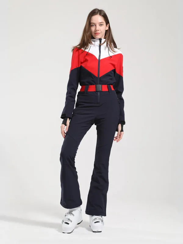 Women's Gsou Snow Retro Belted Color-Blocked Flare Ski Suit One Piece