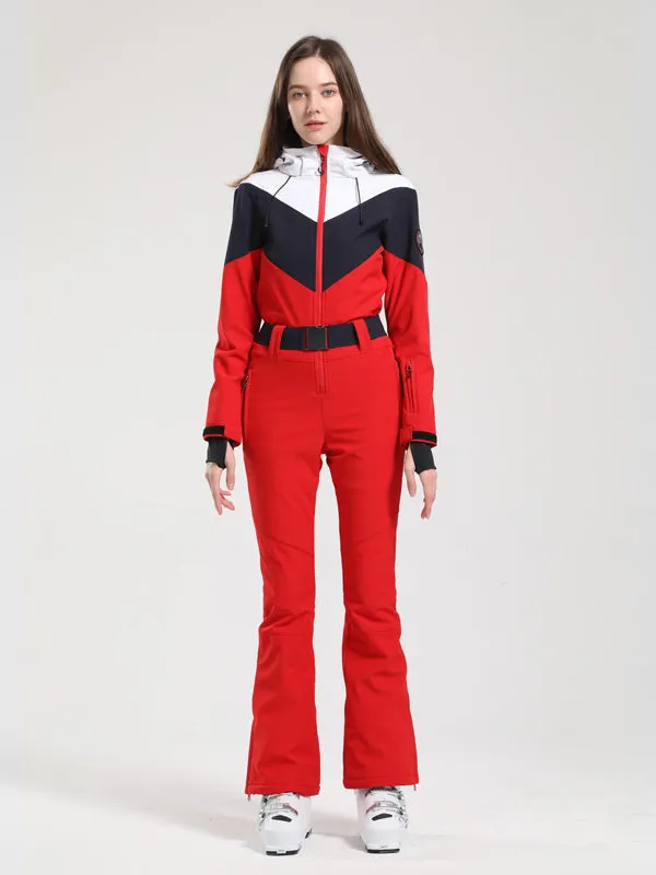 Women's Gsou Snow Retro Belted Color-Blocked Flare Ski Suit One Piece